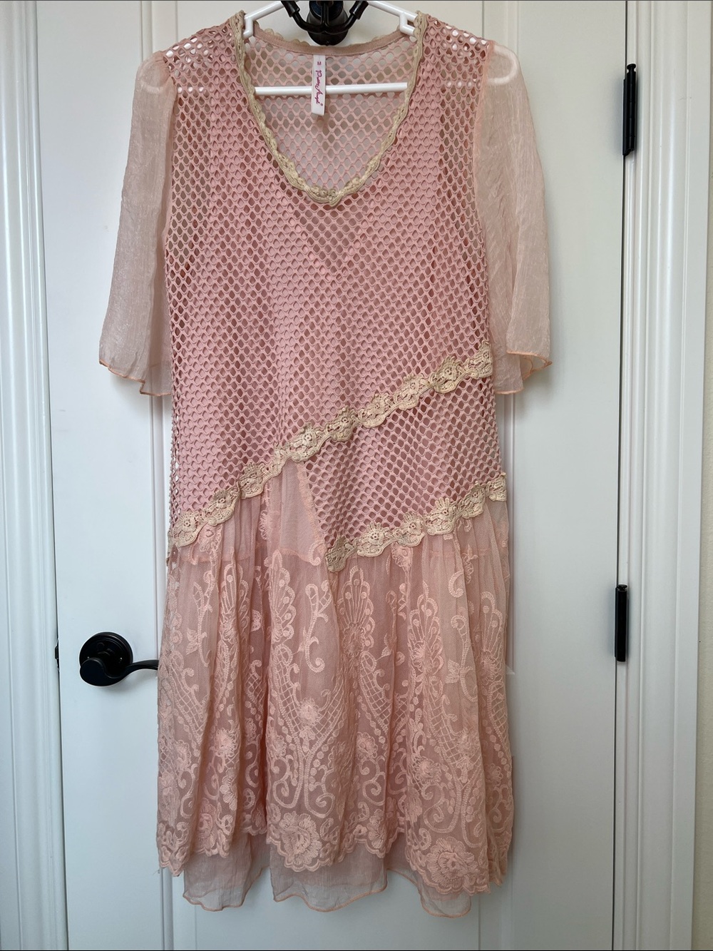 Pretty Angel SilK Blush Pink Lace & appliqué & Mesh Midi Dress coquette girl